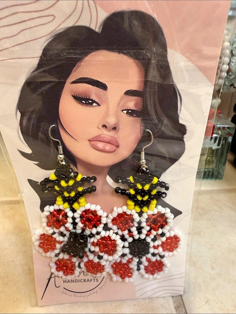 Beaded Floral Earrings in Red & White NWT